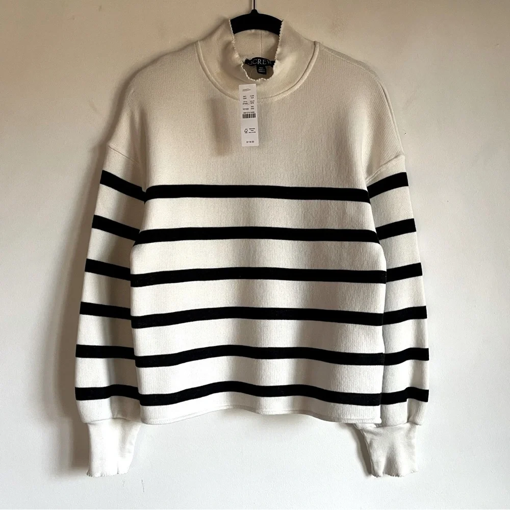 NWT JCrew Heritage Terry Mockneck Sweatshirt XXS Black Cream Stripe $118 CF423